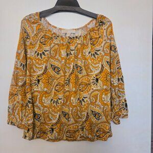 Michael Kors mustard yellow paisley 3/4 sleeve top Size L NWOT